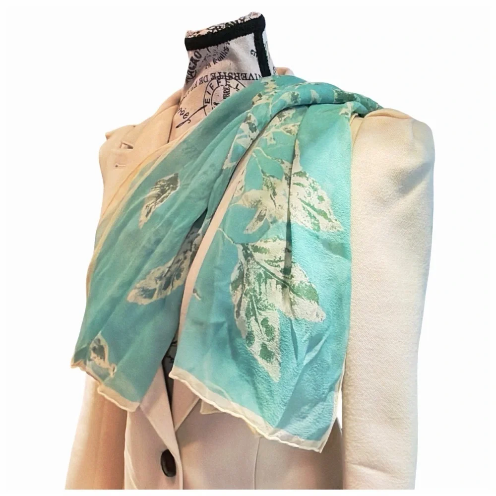 Vintage Silk Chiffon Scarf | Aqua Leaf Print | Oblong Scarf | 31 x 17
